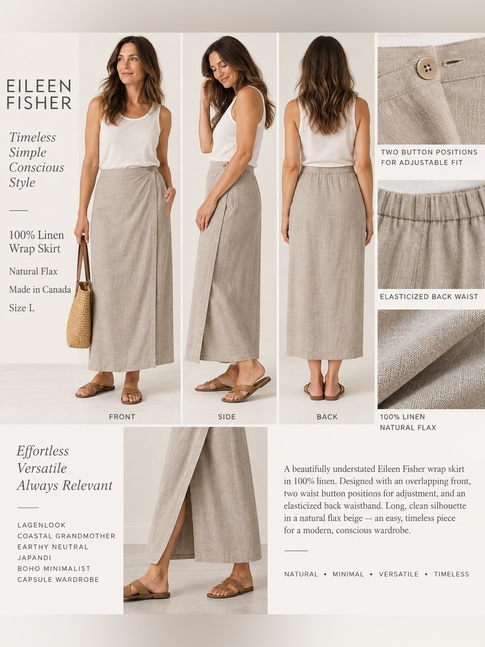 Eileen Fisher Linen Wrap Maxi Skirt Womens L Natural Flax Beige Lagenlook Earthy